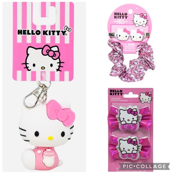 Hello Kitty Accessories - Bundle of Hello Kitty Hair Bows, Scrunchie, Clips & 3D Clip Keychain